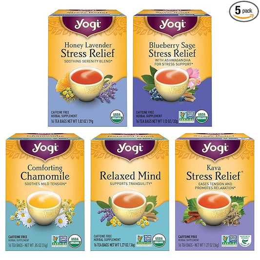 Yogi Tea Stress Relief & Relaxation Variety Sampler - 16 Bags per Pack (5 Packs) - Organic Relaxing Tea Sampler Set - Calming, Comforting Chamomile, Relaxed Mind & More