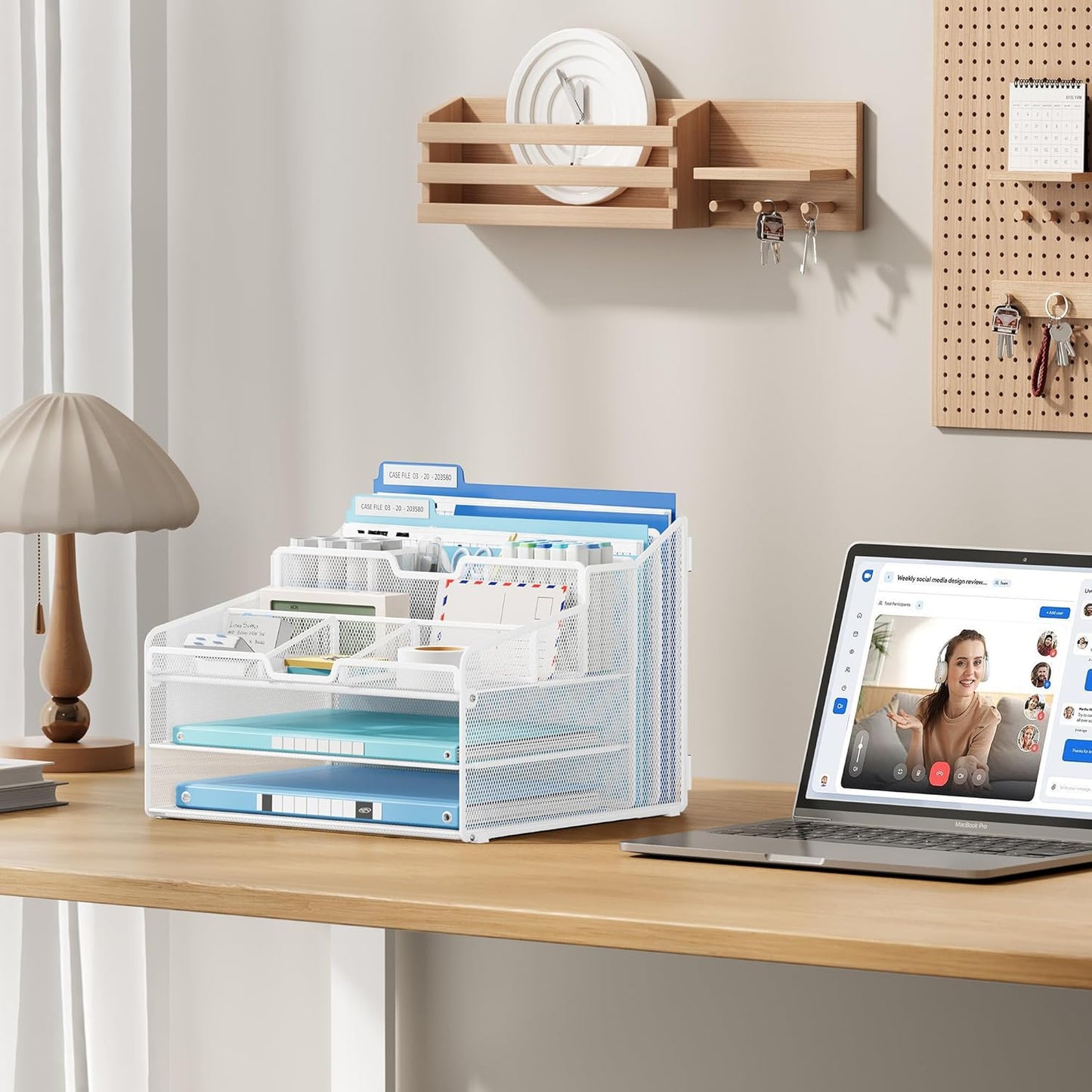 Lavatino Desk Paper File Organizer - Metal Mesh with 2 Letter Trays, 7 Flexible Dividers, 2 Vertical File Folder Holders for Office/Home/Classroom Supplies, Desk Organizers and Accessories, White