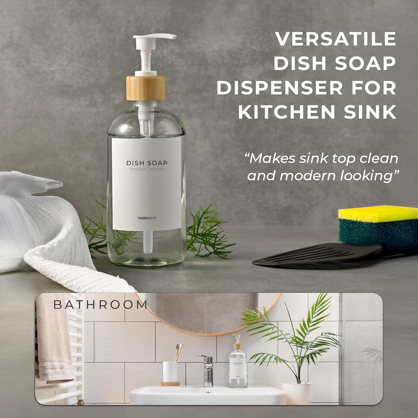 MaisoNovo Glass Hand Soap Dispenser | Dish Soap Dispenser for Kitchen | 16.9oz Clear Bottles with White Bamboo Pump | Bathroom Lotion Dispenser