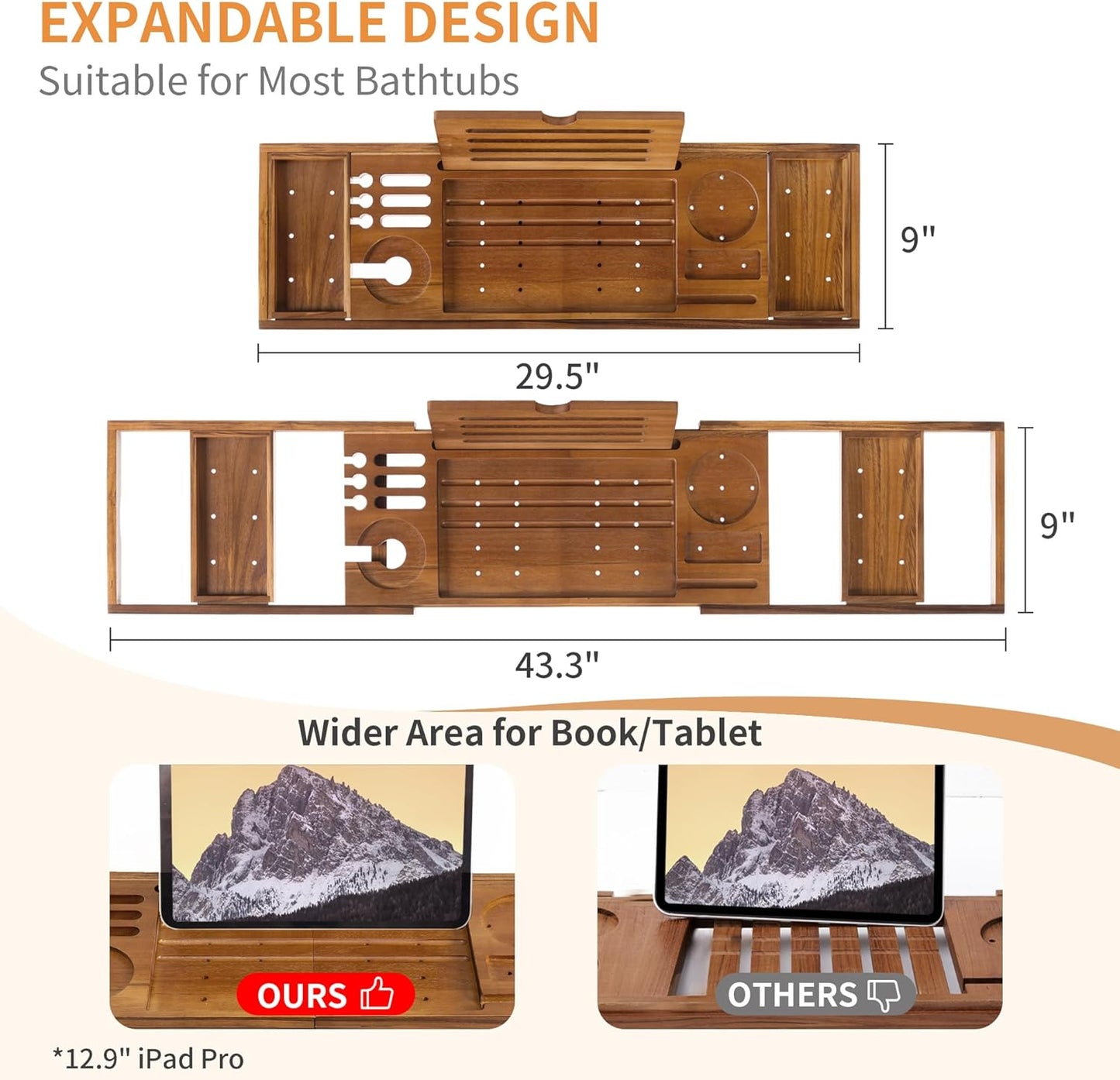 Luxury Teak Bathtub Tray - Foldable Bath Caddy with Expandable Handles, Wine Glass & Phone Holder, Book Stand - Enhance Home Spa Experience with Natural Material - Relaxing & Reading, Teak