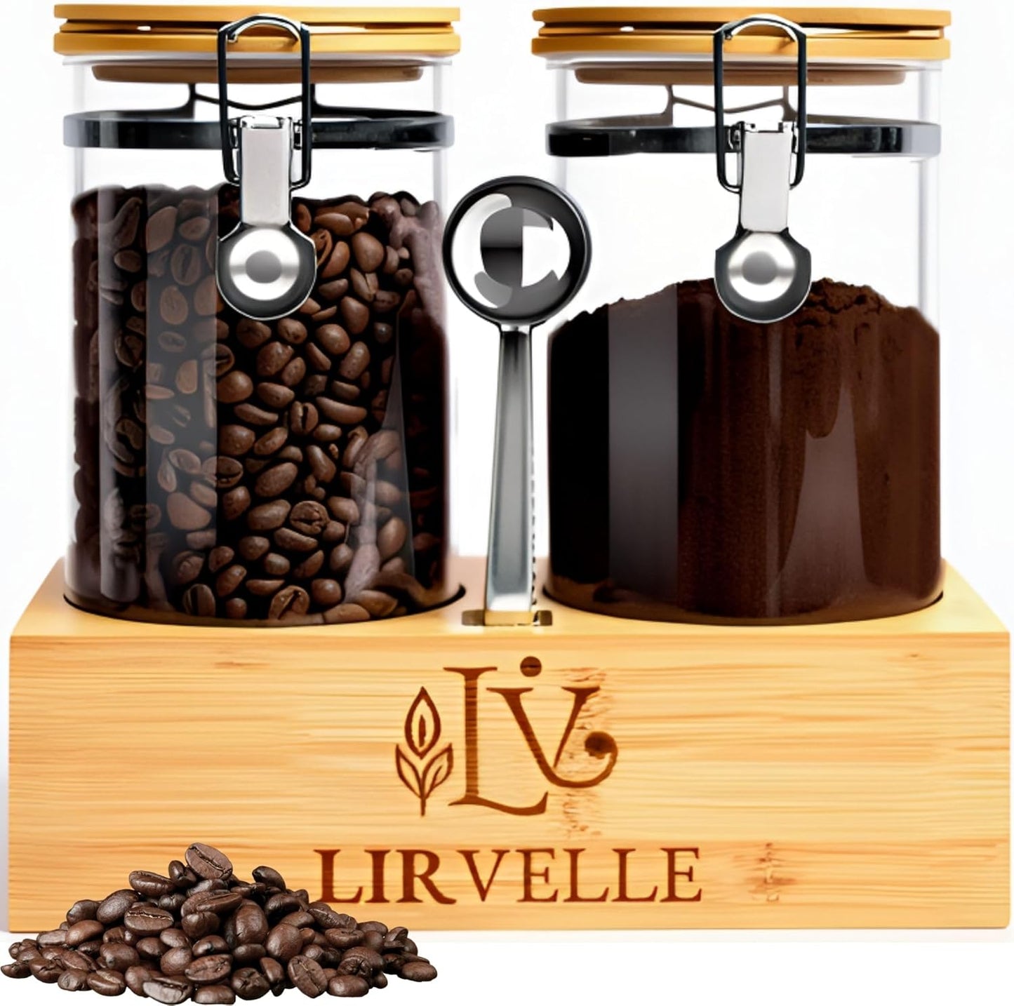 Airtight Coffee Canister with Scoop | Curated Glass Storage Set for Beans, Grounds & Sugar | 9-Piece Ritual Organizer with Bamboo Base, Versatile Artisan Spoon, Labels & Cleaning Brush