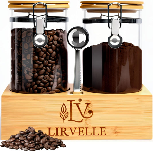 Airtight Coffee Canister with Scoop | Curated Glass Storage Set for Beans, Grounds & Sugar | 9-Piece Ritual Organizer with Bamboo Base, Versatile Artisan Spoon, Labels & Cleaning Brush