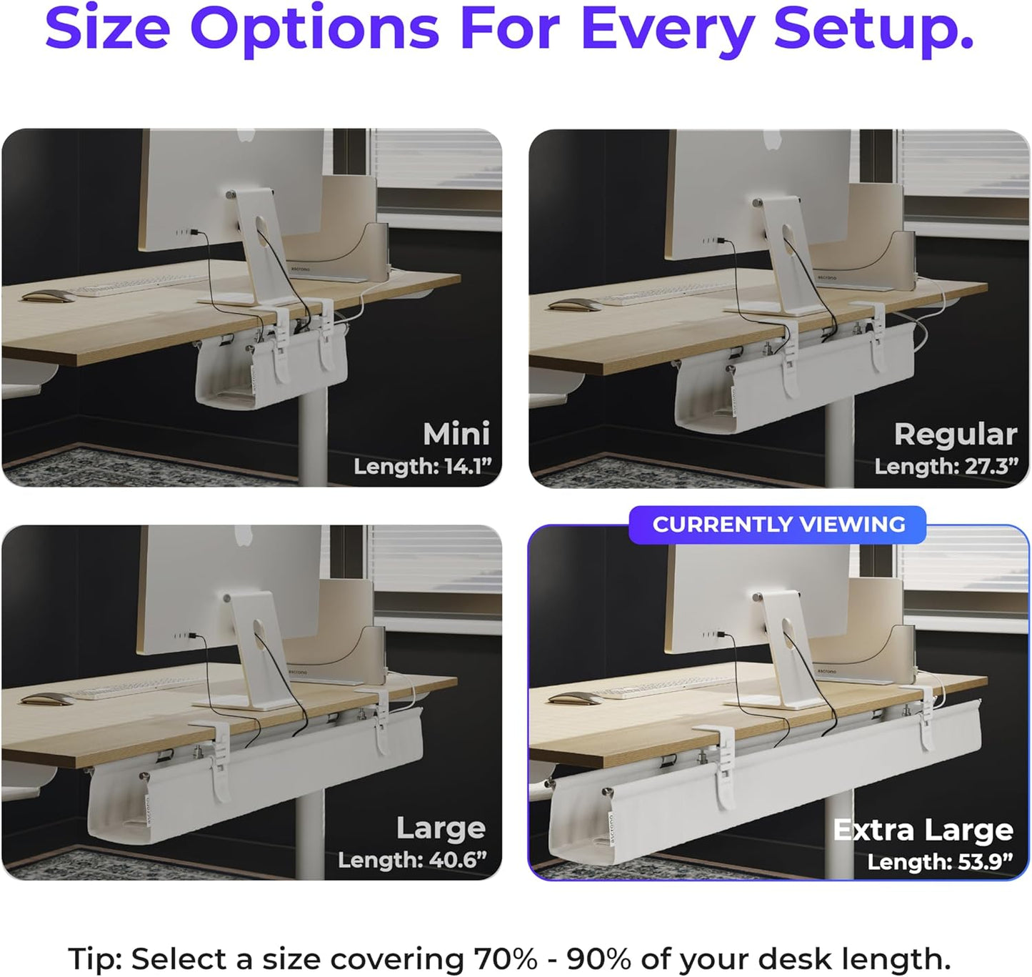 Ascrono Original No Drill Under Desk Cable Management Tray 53.9" - Premium White Fabric Cable Management Under Desk - Clamp/Screw Mount Cord Organizer - Supports Upto 66lbs - Extra Large