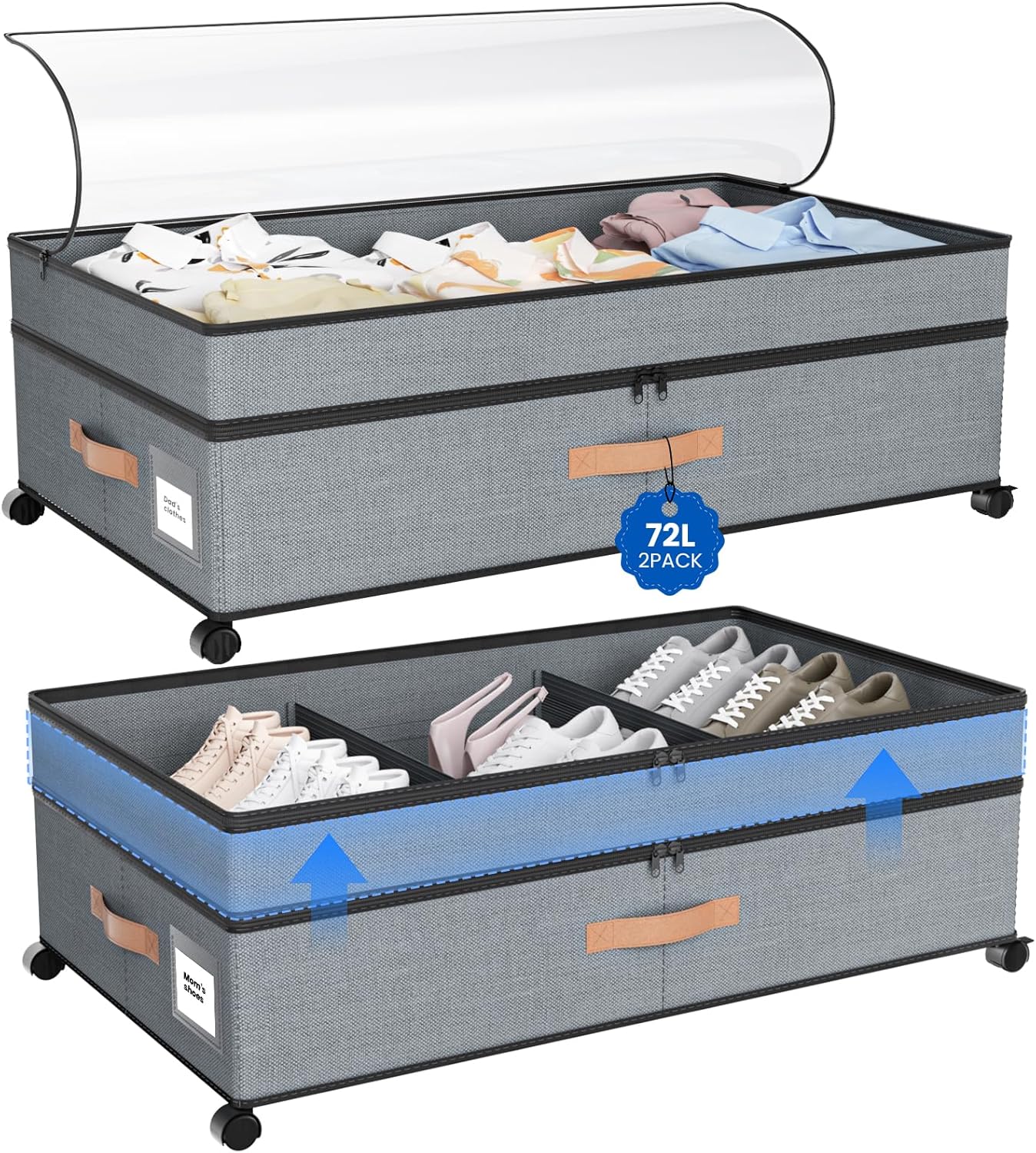 Under Bed Storage with Wheels, 72L XXL Under the Bed Storage Containers Large, 11‘’ Tall Adjustable Storage for Underbed with Lids, Rolling for Shoes, Clothes, Blankets, Grey