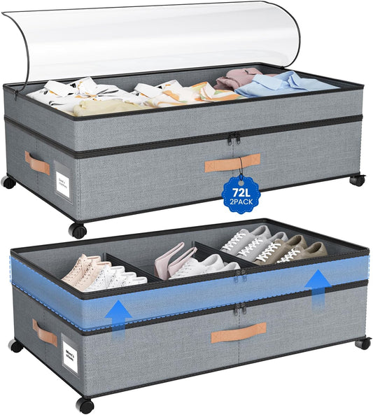 Under Bed Storage with Wheels, 72L XXL Under the Bed Storage Containers Large, 11‘’ Tall Adjustable Storage for Underbed with Lids, Rolling for Shoes, Clothes, Blankets, Grey