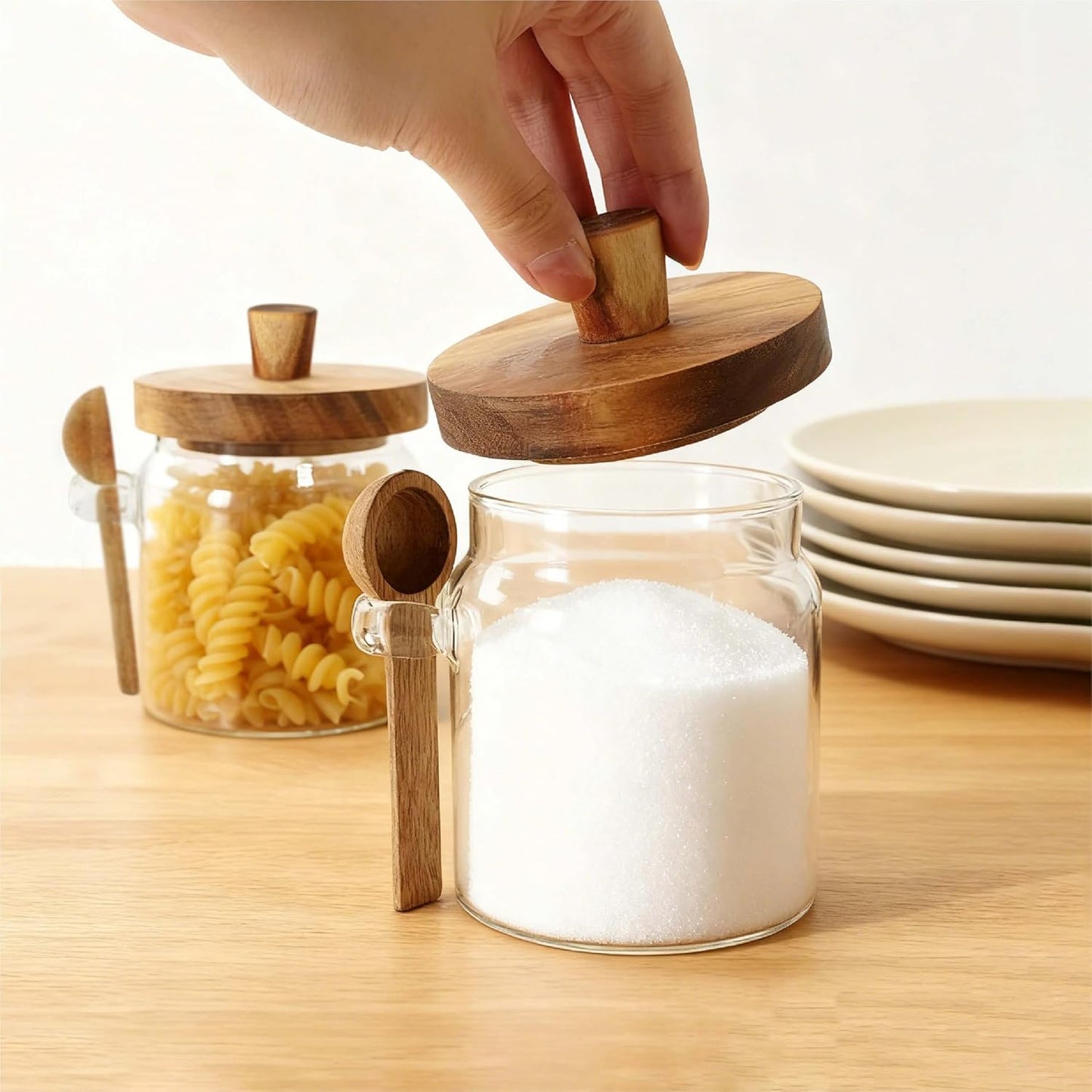 Glass Food Storage Jar with Acacia Wooden Lid and Spoon, Airtight Container for Cereals, Cookies, Snacks, Kitchen Canister Set (2 Pcs, Small/13.5oz)
