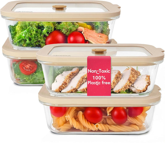Non-Toxic 35 Oz (4.4 Cup) Glass Storage Containers with Lids – Plastic Free Meal Prep Containers for Lunch, Airtight Food Storage, Microwave and Freezer Safe, 4 Pack - Ziruma