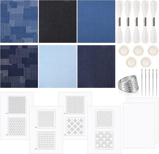 28 Pcs Sashiko Thread Kit Sashiko Needles Denim Fabric Embroidery Patterns Thimble Water Soluble Embroidery Kit for Sewing Hand Quilting Mending Supplies