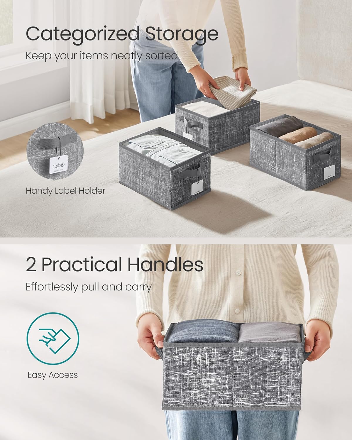 SONGMICS Storage Cubes, 11.8 x 7.9 x 5.9 Inches Non-Woven Fabric Bins with Double Handles, Set of 3, Closet Organizers for Shelves, Foldable, for Clothes, Cattail Gray UROB415G01