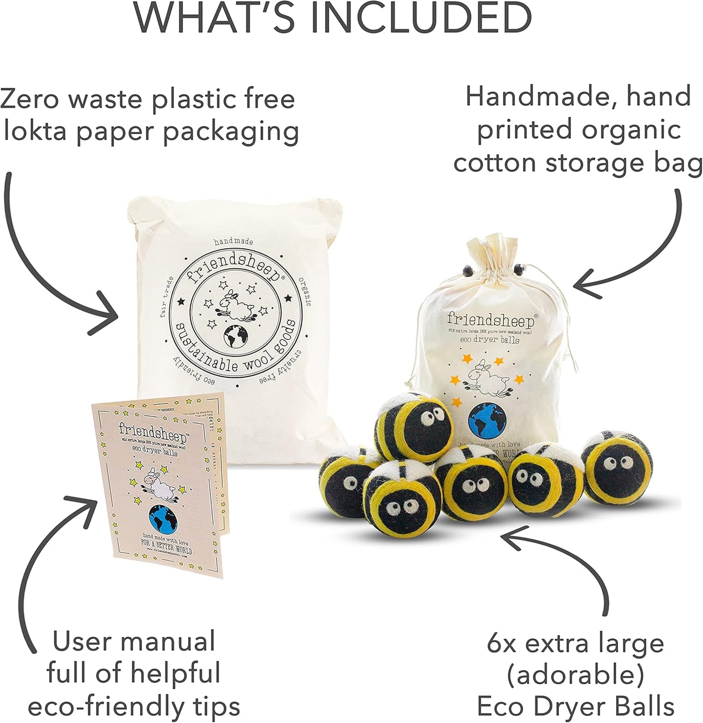 Friendsheep Wool Dryer Balls, Organic Reusable Fabric Softener Alternative for Laundry, Handmade, Fair Trade, Hypoallergenic, Eco-Friendly, Plastic-Free (6 Pack XL – Busy Bees)