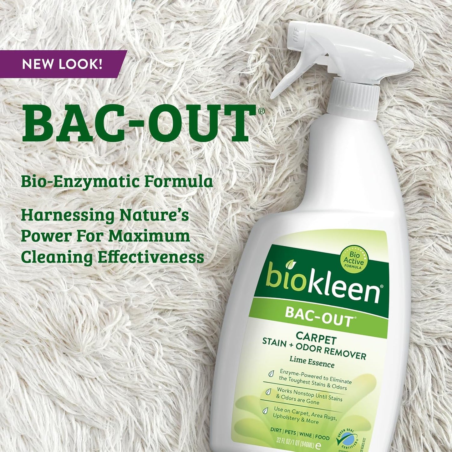 Biokleen Bac-Out Carpet Cleaner Spray, Stain Remover and Odor Eliminator, Use on Area Rugs, Upholstery & More, Removes Dirt, Pets, Wine & Food, Lime Scent, 32 oz, 2 Pack