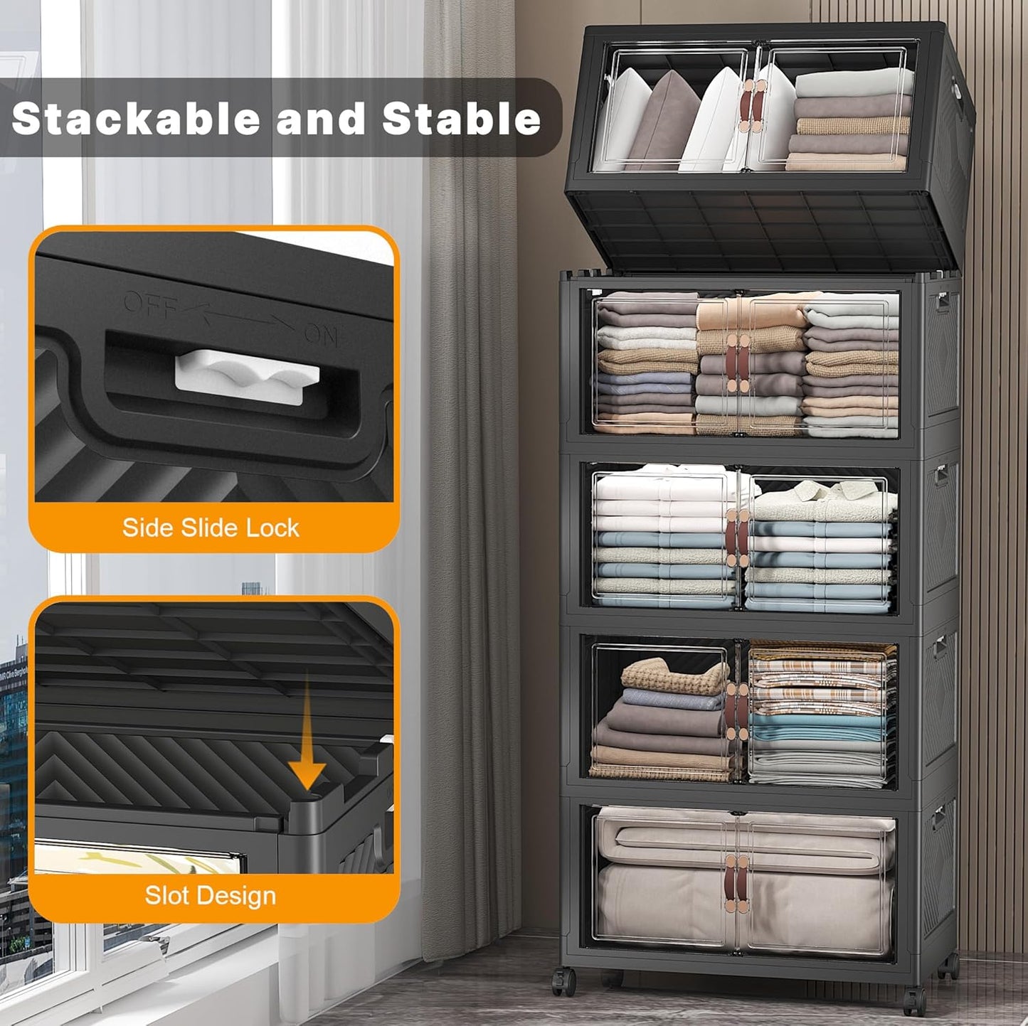 Extra Large Stackable Storage Bins with Lids & Wheels & Door, 560QT-112QT/28GAL*5Pack Foldable Collapsible Closet Organizers, Plastic containers drawers for bedroom Dorm