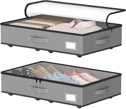 Under Bed Storage with Wheels, No Assemble Required 5.5 inches height grey under bed storage bins,Low Profile Rolling Under bed Shoe Storage containers，dorm under bed storage drawers
