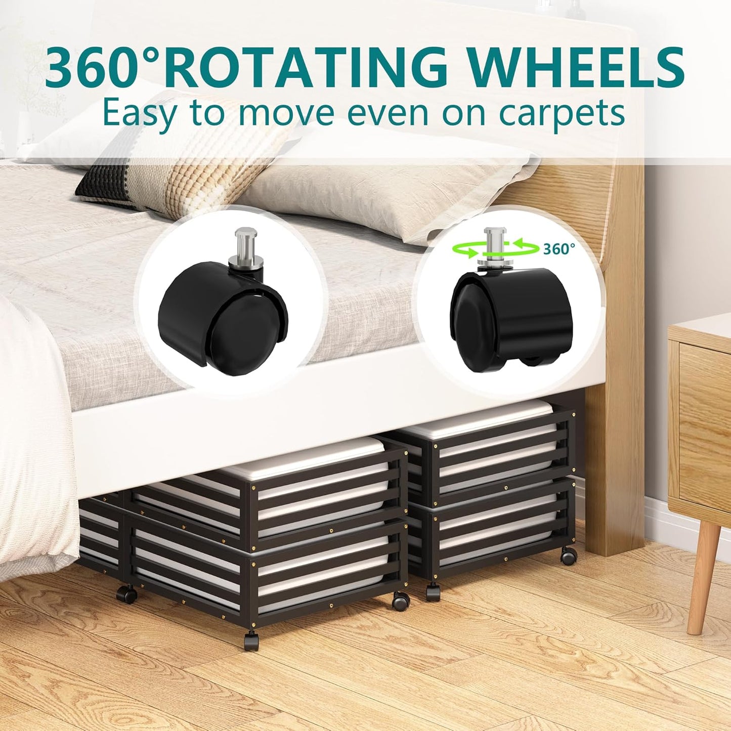 Bamboo Under Bed Storage Containers- Underbed Organizer with Wheels with Large Capacity Dust Bag,Sturdy Wood Rolling Under Bed Shoe Storage Organizer 2 Packs (Black, 2 Packs (33.07"×16.54"))