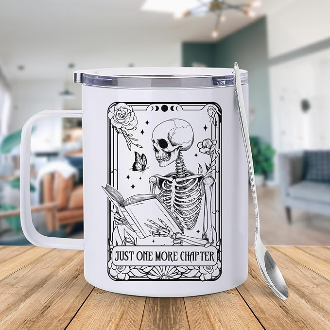 Hyturtle Book Gifts for Book Lovers, 12oz Insulated Stainless Steel Mug With Lid & Spoon, Funny Skeleton Birthday Christmas Gifts For Readers, One More Chapter, Reading Coffee Cup Present Keepsake