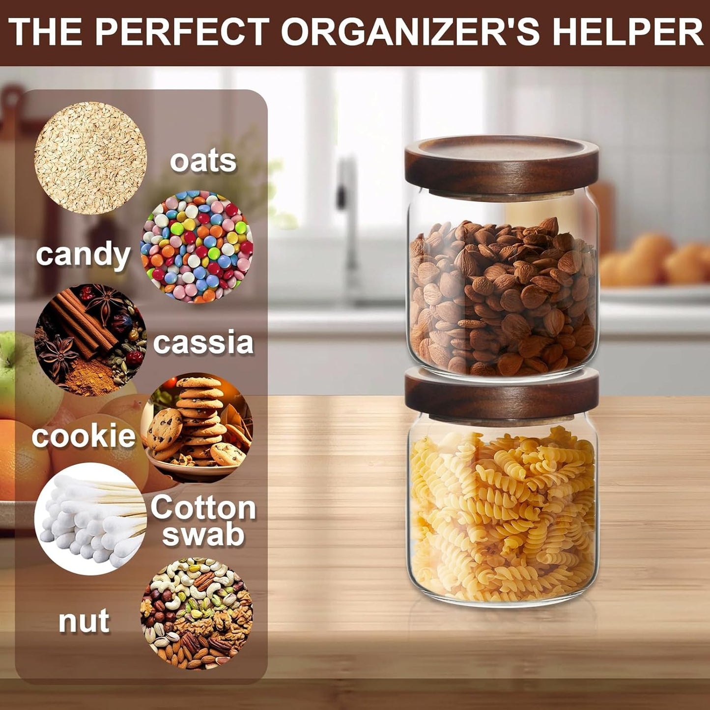 16oz Glass Airtight Food Storage Jars with Acacia Wood Lid - Kitchen Canisters for Coffee,Tea,Sugar,Spices,Herbs,and Candy - Airtight, and Stylish for Pantry or Countertop (4PCS)