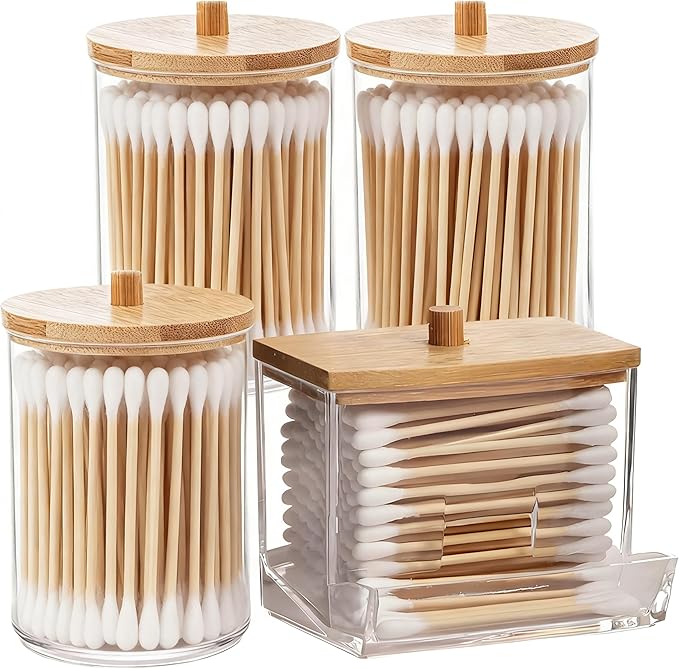 AXX Qtip Dispenser Apothecary Jars Bathroom - Qtip Holder Storage Canister Clear Plastic Jar for Cotton Swab,Q-Tips,Cotton Rounds (E#Cylinder 4Pcs)