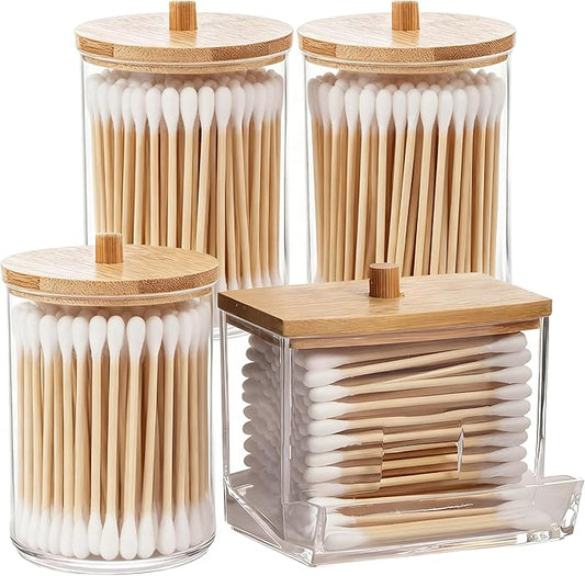 AXX Qtip Dispenser Apothecary Jars Bathroom - Qtip Holder Storage Canister Clear Plastic Jar for Cotton Swab,Q-Tips,Cotton Rounds (E#Cylinder 4Pcs)