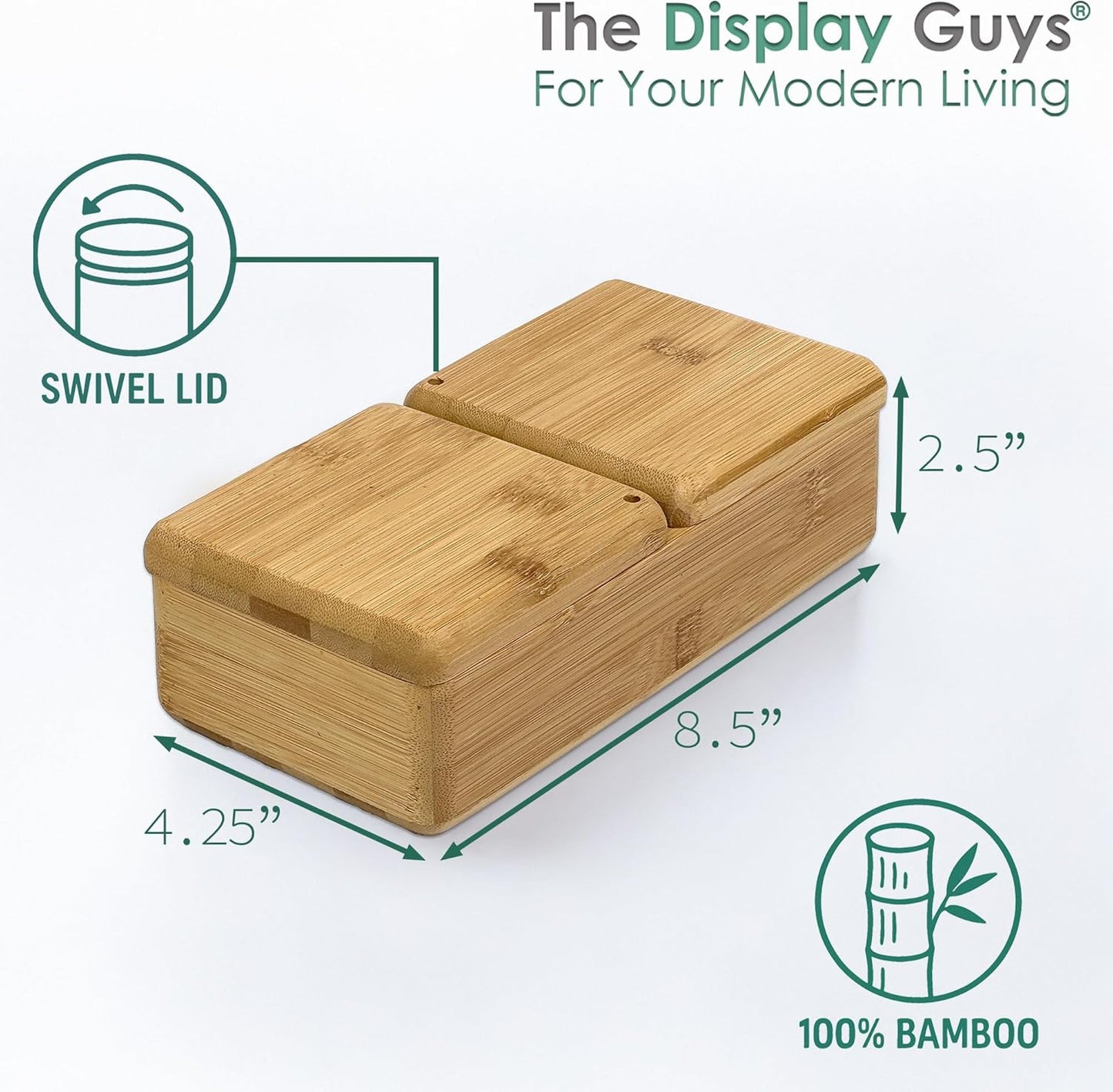 100% Bamboo Dual-Compartment Storage Box w. Lid - 22 oz - Natural Salt Pepper Cellar, Condiment Container, Spice Jar, Office Organizer by The Display Guys