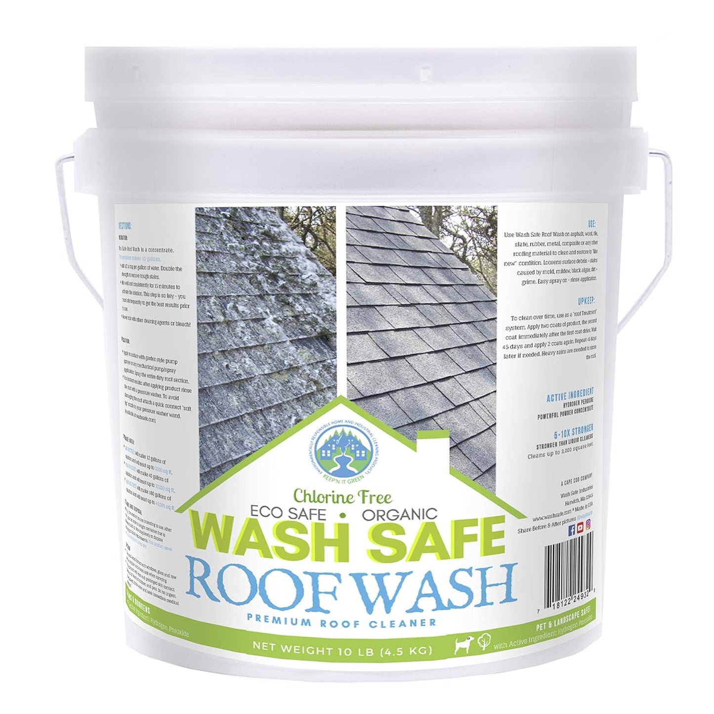 Wash Safe™ ROOF WASH Roof Cleaner, 10 lb. | Clear, Bleach-Free Concentrate | Clean Up to 10,000 sq. ft. of Asphalt, Wood, Slate and Ceramic Shingles or Tiles