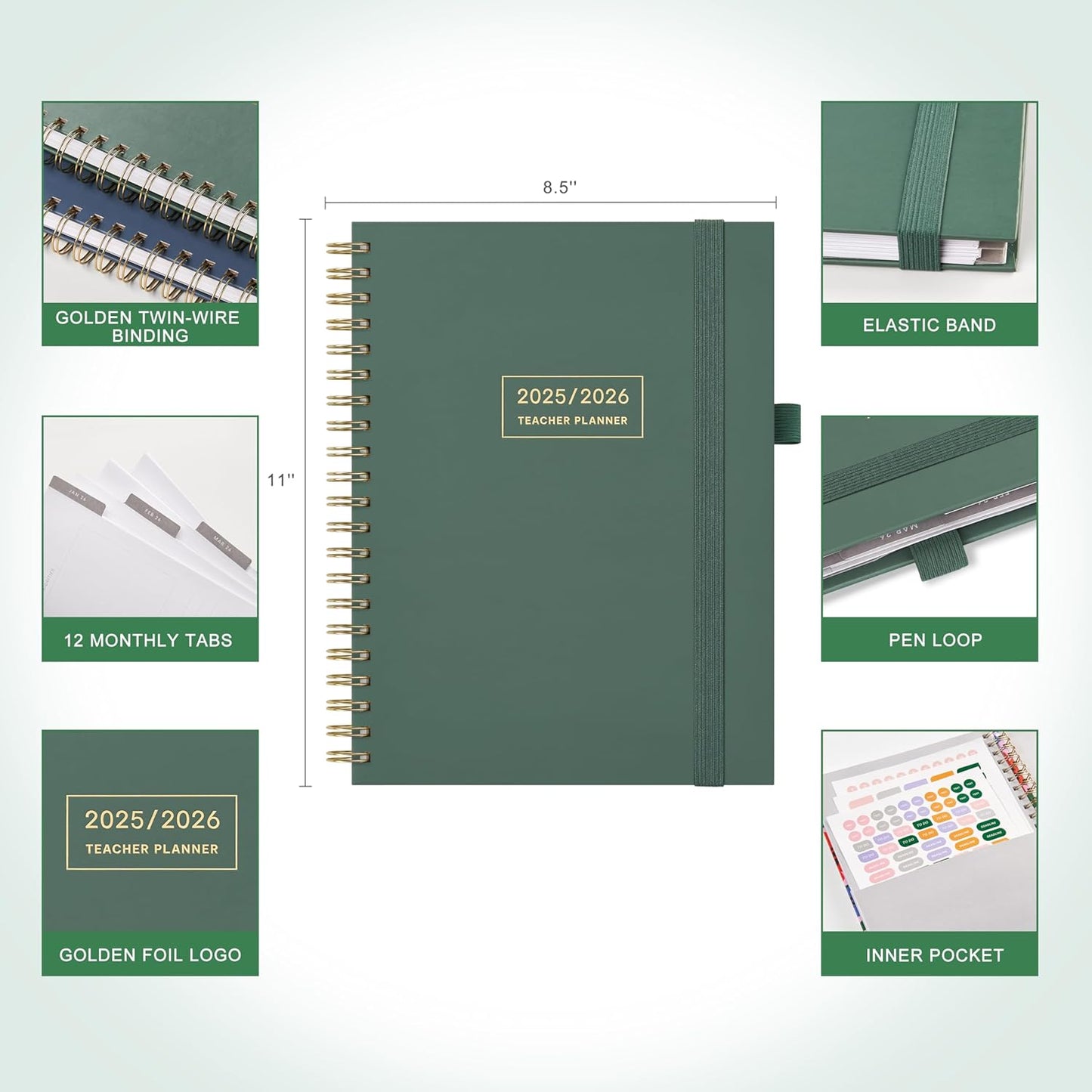 And Per Se Teacher Planner 2025-2026 Academic Year -Teacher Lesson Planner from July 2025 to June 2026, 8.5" x 11", Weekly & Monthly Planning for Teachers with Monthly Tabs, Stickers (Forest Green)