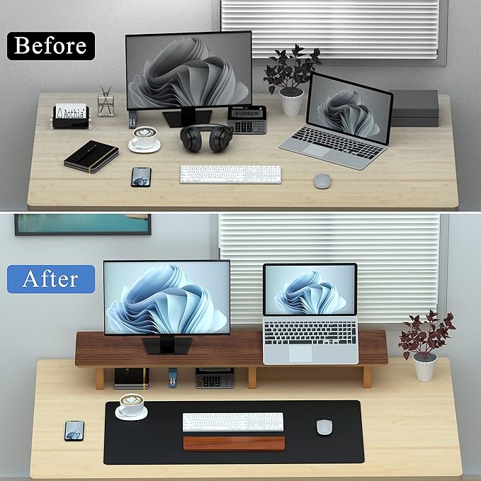 Aothia Large Dual Monitor Stand Riser, Solid Wood Desk Shelf with Eco Cork Legs for Laptop Computer/TV/PC/Printers, Perfect Desktop Stands Organizer with Underneath Storage for Office Accessories