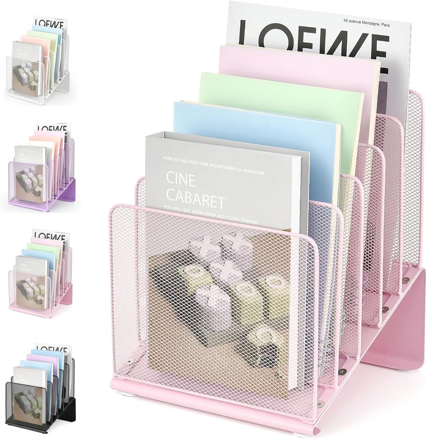 File Organizer for Desk, Desk Organizer with 5-Section Vertical File Rack, File Folder Organizer, Desk Accessories & Workspace Organizers (Pink)