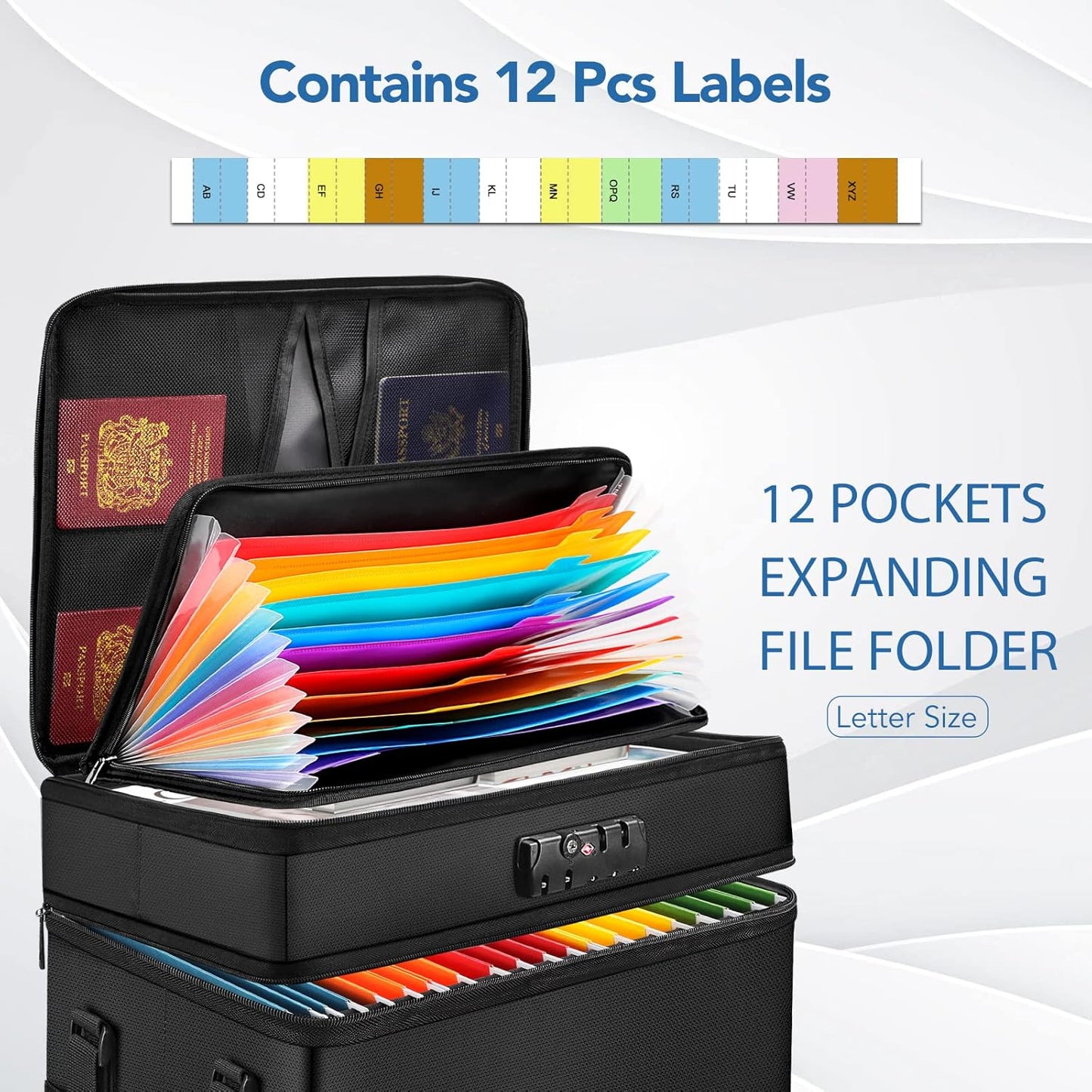 Fireproof Document Box with 13 Pockets Accordian File Organizer, Water-Resistant File Organizer Box with Lock, Collapsible File Storage Cabinet for Hanging Letter/Legal Folder, Black