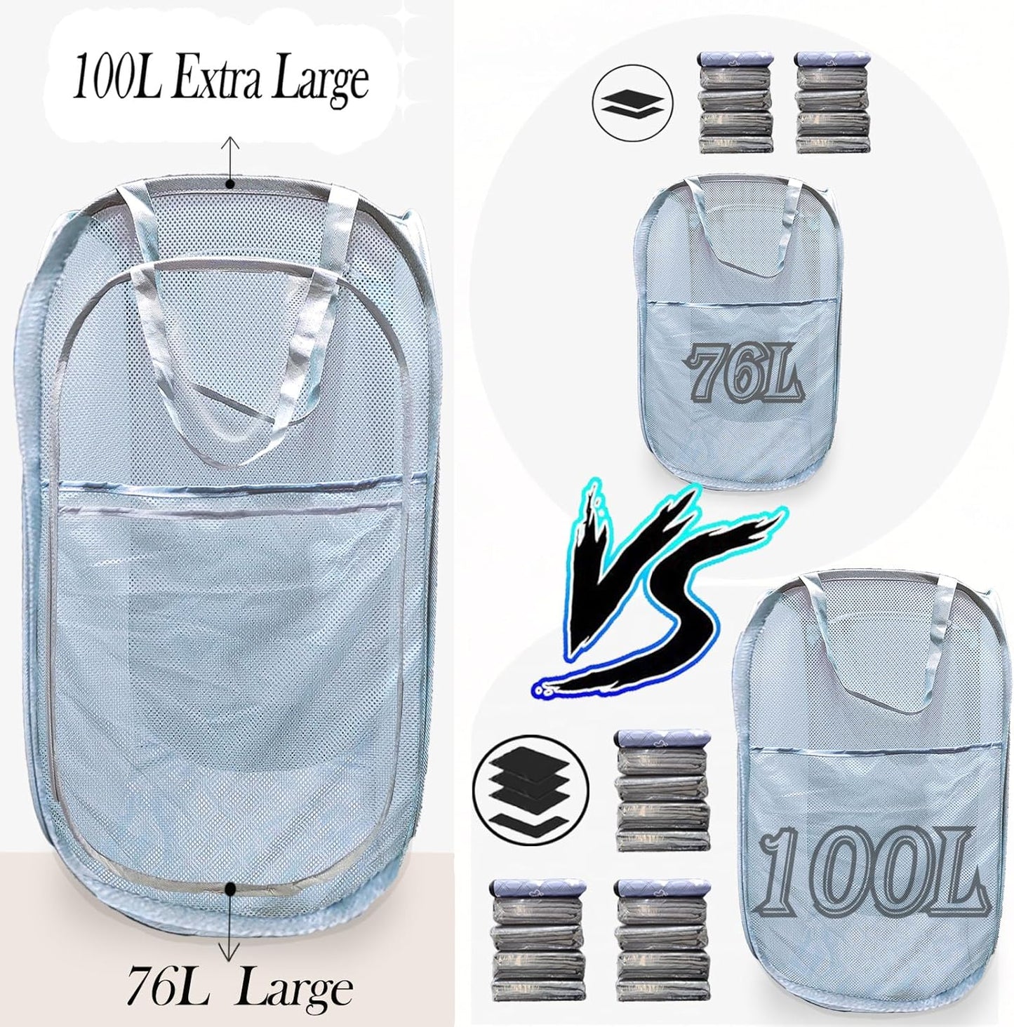 Extra Large Mesh Pop Up Laundry Hamper 2 Pack, 100L Foldable Laundry Baskets, Dirty Clothes Hamper with Pocket, Collapsible Hampers for Travel, Dorm or Home. Grey H+V