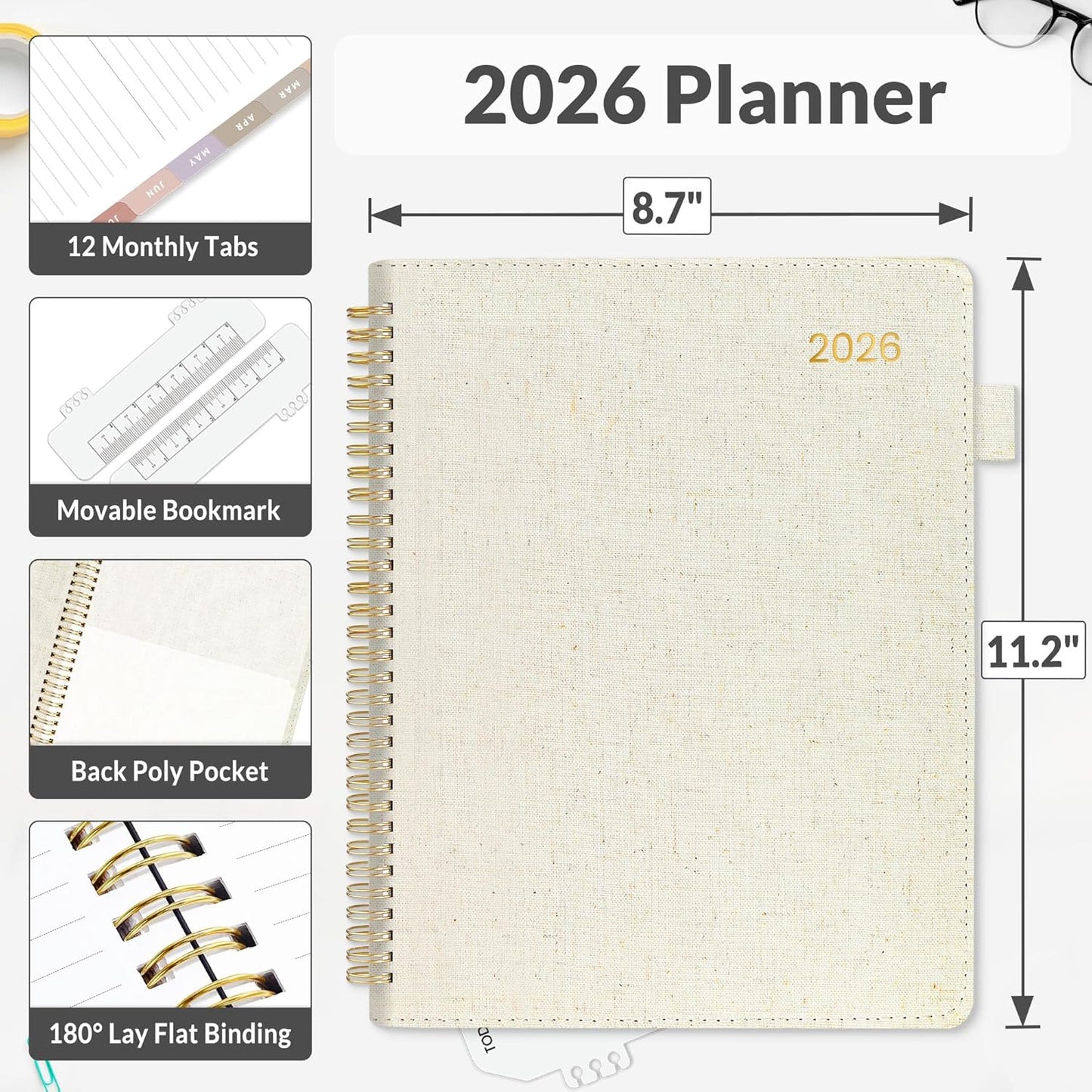 SUNEE 2026 Weekly & Monthly Planner 9"x11.2"- 12 Month (January 2026 - December 2026), Linen Cover, Pocket, Bookmark, Notes, Monthly Tab, Beige