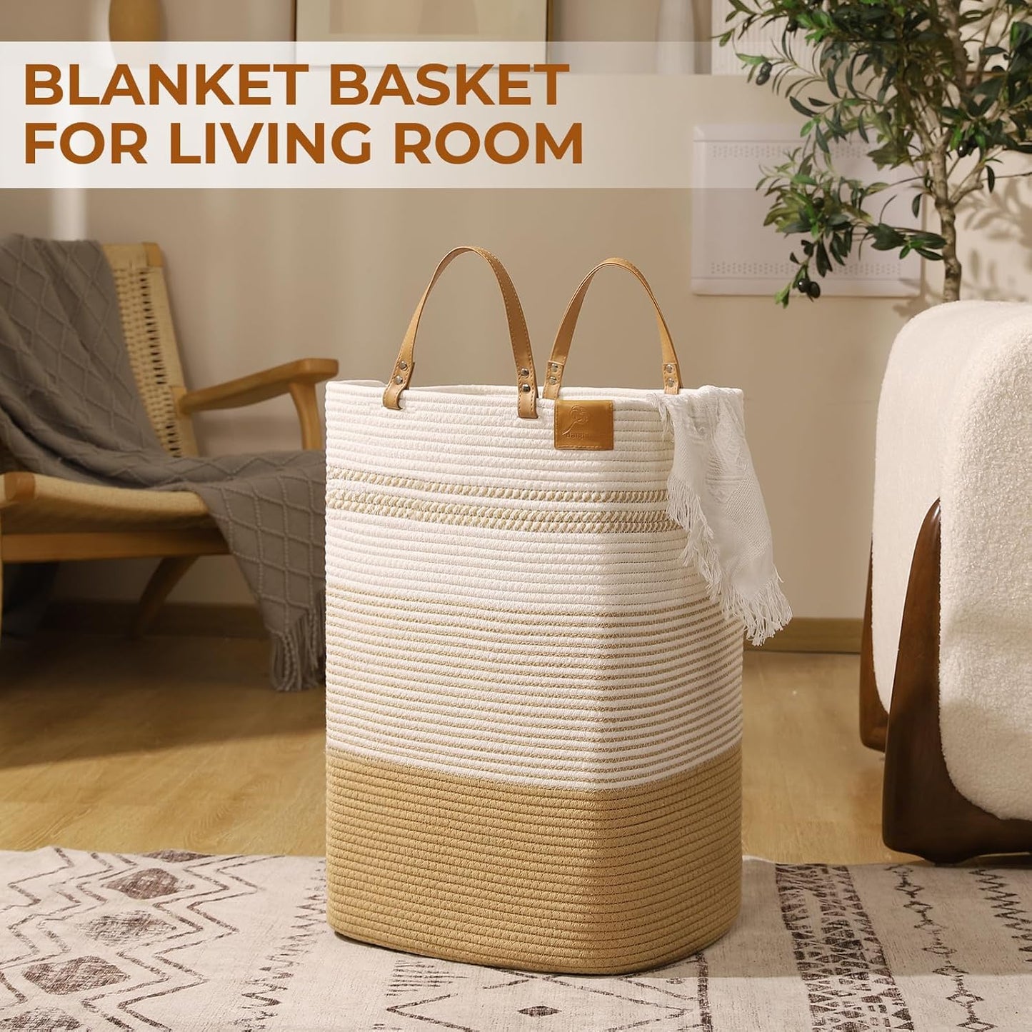danpinera 100L Nursery Hamper, Tall Woven Laundry Basket with Long Leather Handles, Boho Laundry Hamper for Living Room & Bedroom, Eco-friendly & Convenient Decorative Storage Basket White & Jute