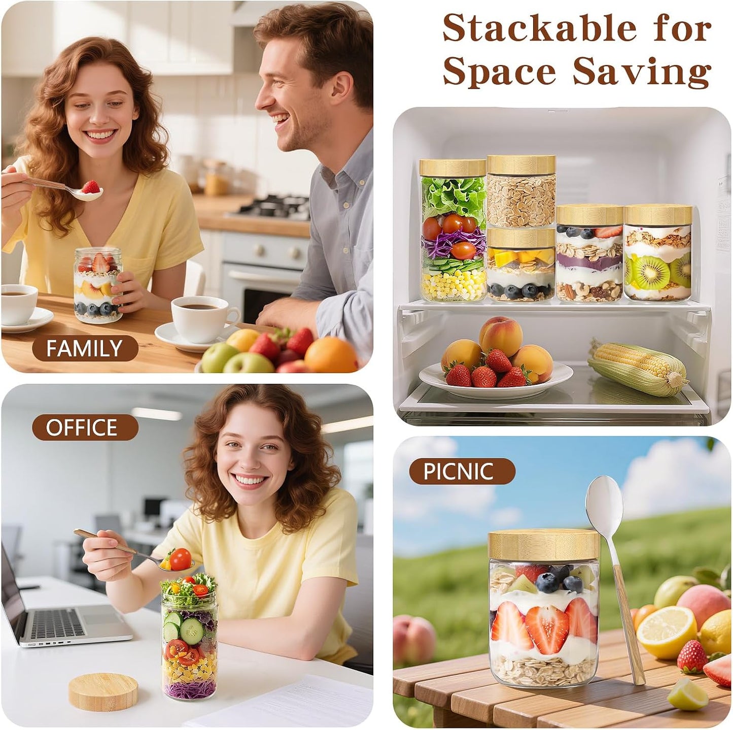 24oz Overnight Oats Containers with Bamboo Lids, Glass Jars with Airtight Lids, Wide Mouth Mason Meal Prep Jars, Food Storage Container for Yogurt Salad Chia Pudding Snacks Spice Sugar,4 Pack