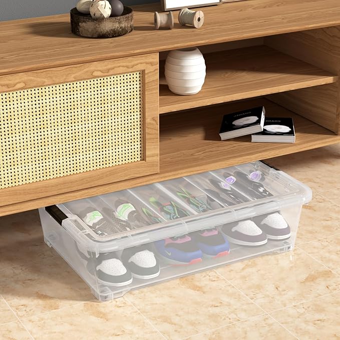 50 Quart Clear Latch Bin with Lid, Large Plastic Under Bed Storage Box, 3 Pack