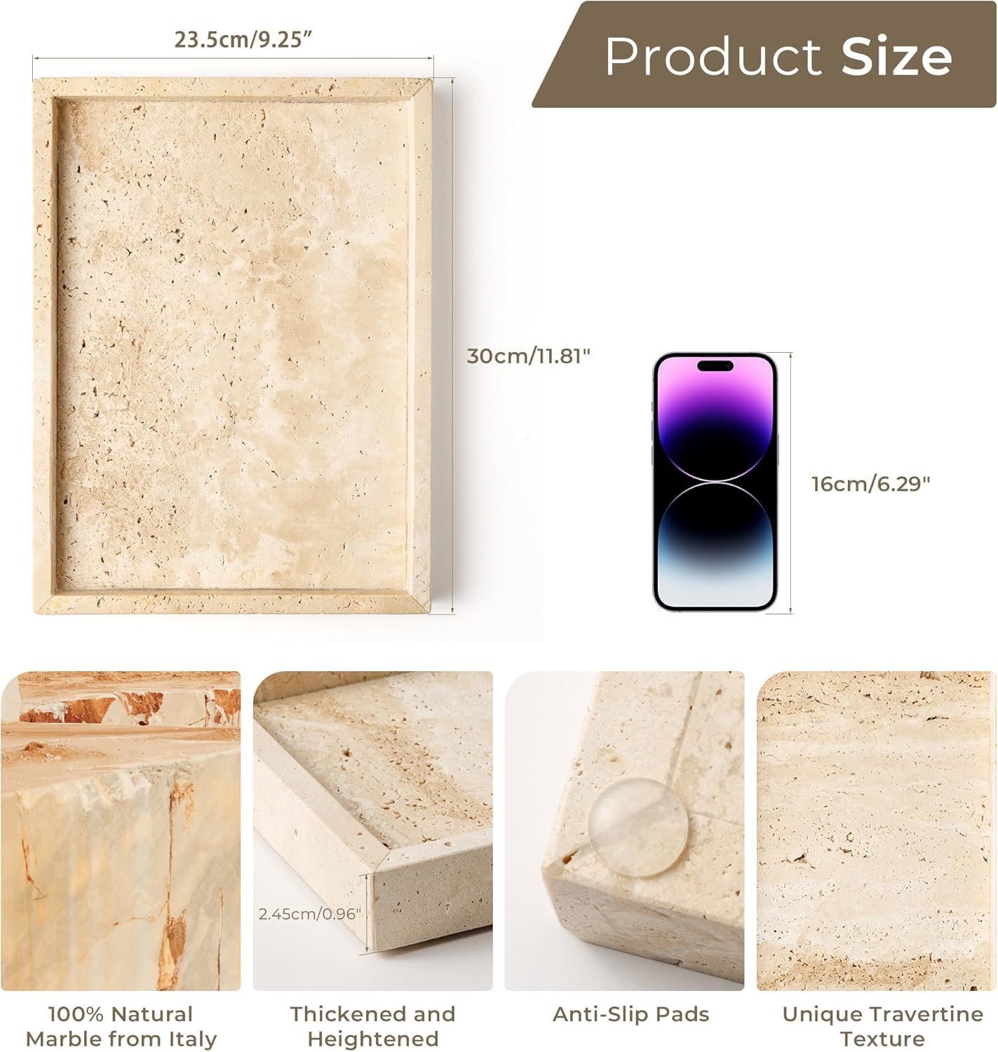 WORHE Vanity Tray Italy Travertine Stone for Jewelry, Perfume, Makeup, Candle Large Natural Marble Decorative Trays for Bathroom Dresser Rectangle Kitchen Storage Organizer for Home Decor Beige(WH021)