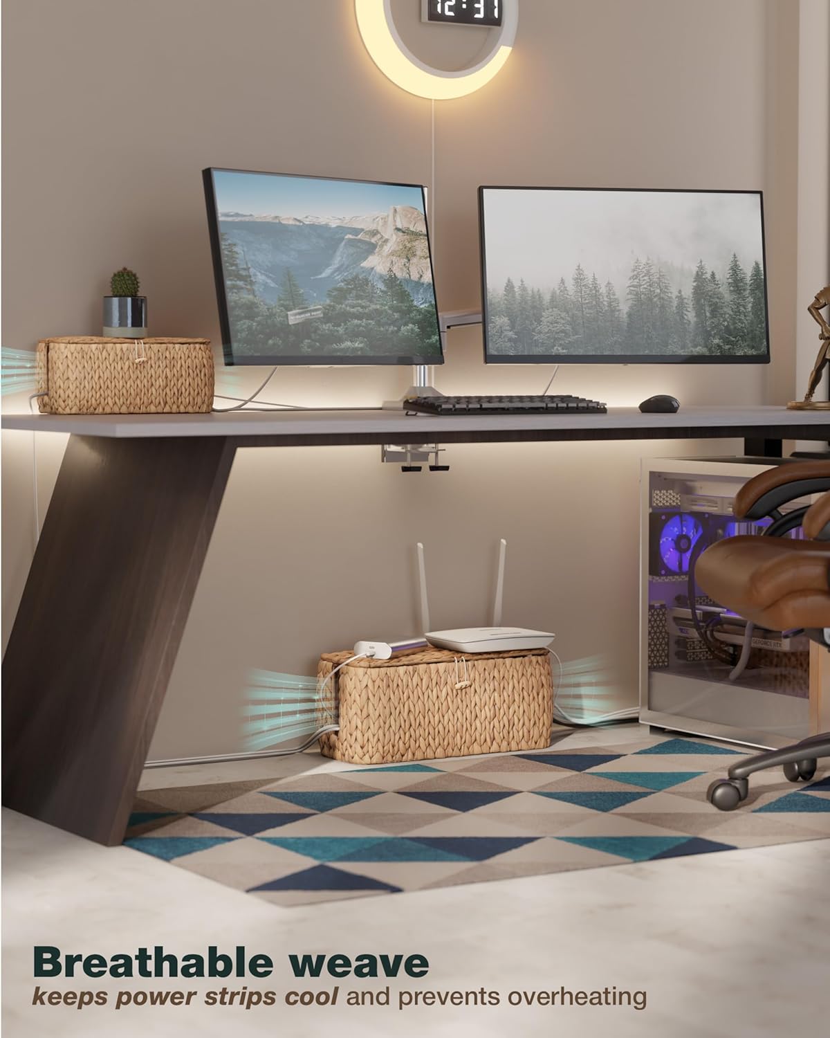 Large Cable Management Box, Natural Rattan Cable Cord Organizer Boxes for Power Strip – 2 Open Slots Cords Hider Box for TV Wires, Computer, Router, USB Hub and Under Desk Power Strip (Hyacinth)