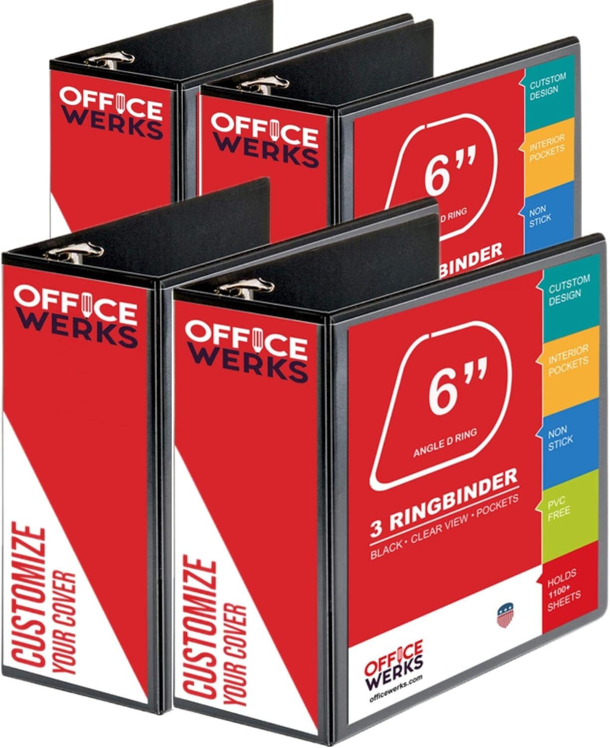 4 Pack of 6 Inch 3 Ring Binder with Locking Angle D Rings, Professional Heavy Duty Large Storage Binder with Pockets, Fits 8.5 x 11 Inch Sheets, Non-Stick Clear View Cover, Customizable, Black