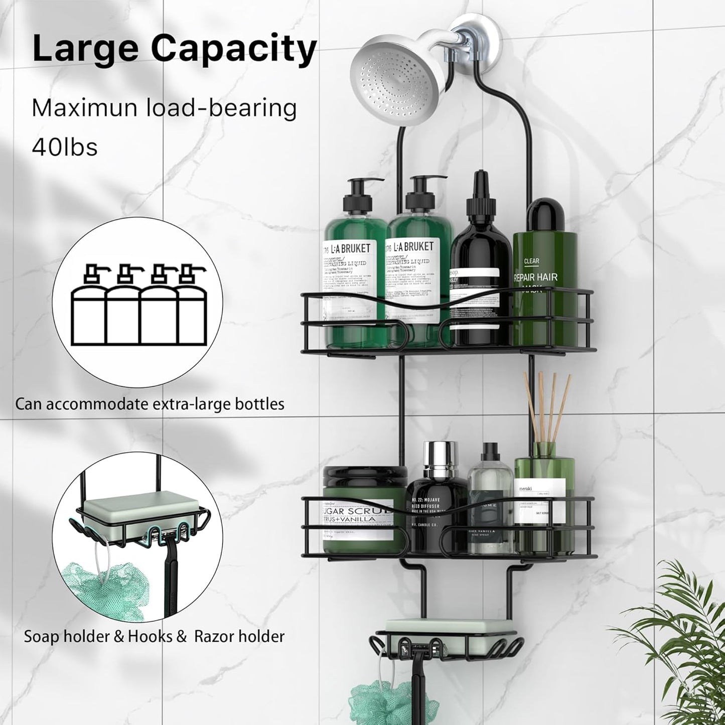 Bathroom Shower Caddy Hanging - 3-Tier Organizer with Soap Holder & 6 Hooks for Towels, Sponge; Fits 21mm Shower Head Arm, Black