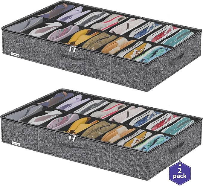Sturdy Shoes Storage Organizers Boxes Fit 16x2 Pairs, Foldable Shoe Sneaker Container Bin Holder for Closet with Clear Cover, 37.8"x23.6"x5.9", Cotton-like Black, ZMXBUBS16P2