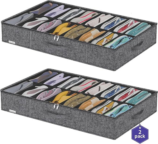 Sturdy Shoes Storage Organizers Boxes Fit 16x2 Pairs, Foldable Shoe Sneaker Container Bin Holder for Closet with Clear Cover, 37.8"x23.6"x5.9", Cotton-like Black, ZMXBUBS16P2