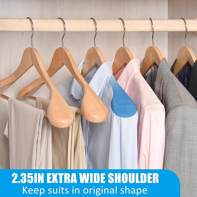 Amber Home 6 Pack Wide Shoulder Wooden Suit Coat Hangers with Non Slip Pants Bar, Solid Wood Jacket Clothes Hangers Smooth Finish for Sweater, Pants, Heavy Clothes (Natural, 6 Pack)