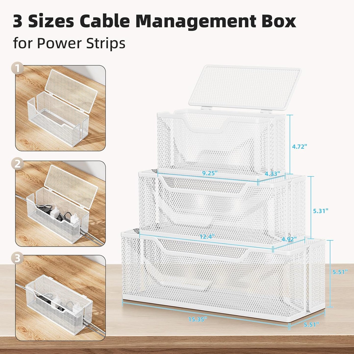 3 Pack Cable Management Box, Metal Mesh Cord Organizer Box for TV Wires, Electrical Hiding, Power Strip – Under Desk Cable Storage Box with Cable Clips&Reusable Cable Ties for HomeOffice - White