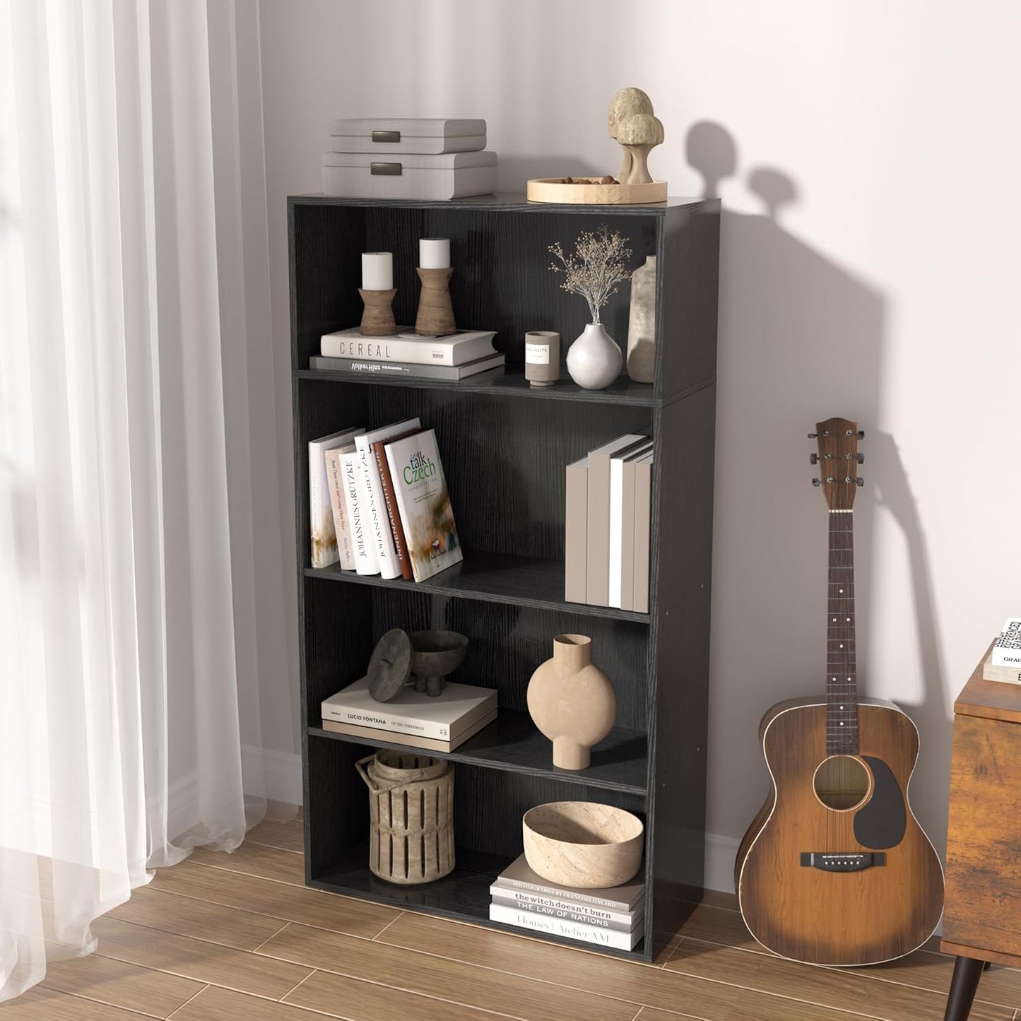 Wooden 4 Cube Storage Organizer,4 Tier Low Bookcase Storage Display Organizer, 44 Inch Versatile Cubes Shelf and Cubby Unit for Any Space (Black, 4 Cube-W(23.6inch)