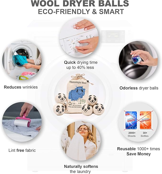 Wool Dryer Balls Organic Felt 6 Pack Laundry Fabric Softener, Extra Large Reusable Handmade Natural Sheep Wool Lint Wrinkle Free Anti Static Baby Safe (Panda)