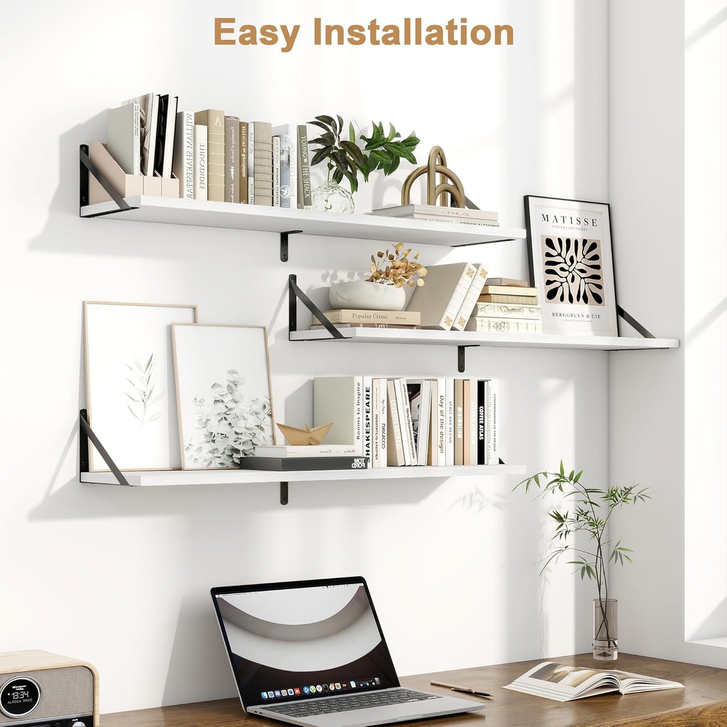 Fun Memories Long Wall Shelves for Bedroom, Set of 3 Large 40-Inch Floating Bookshelves, Rustic Wood Display Shelf for Home and Office (White)