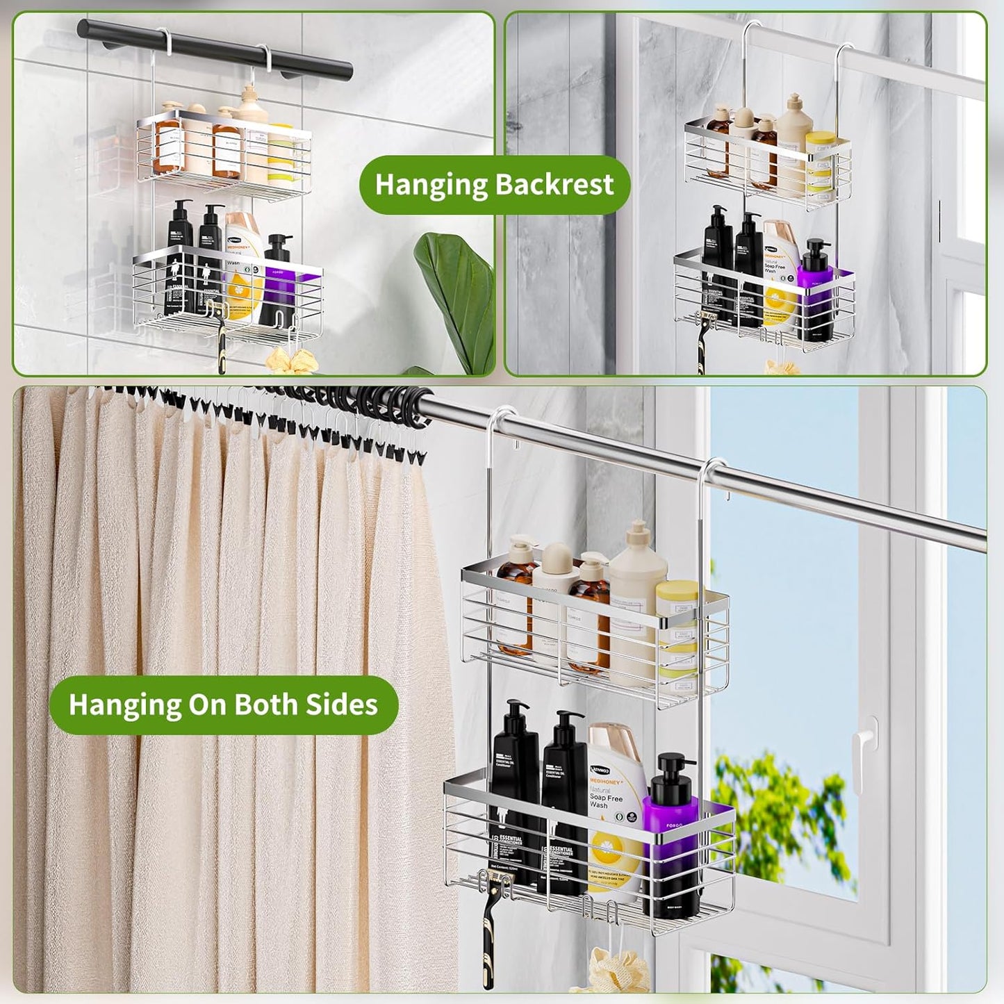 SHANSHUI Shower Hanging Caddy, Double Bathroom Showers Organizer Basket, Shampoo Bracket, Over Door Shower Rack with Hooks, 304 Stainless Steel Rustproof