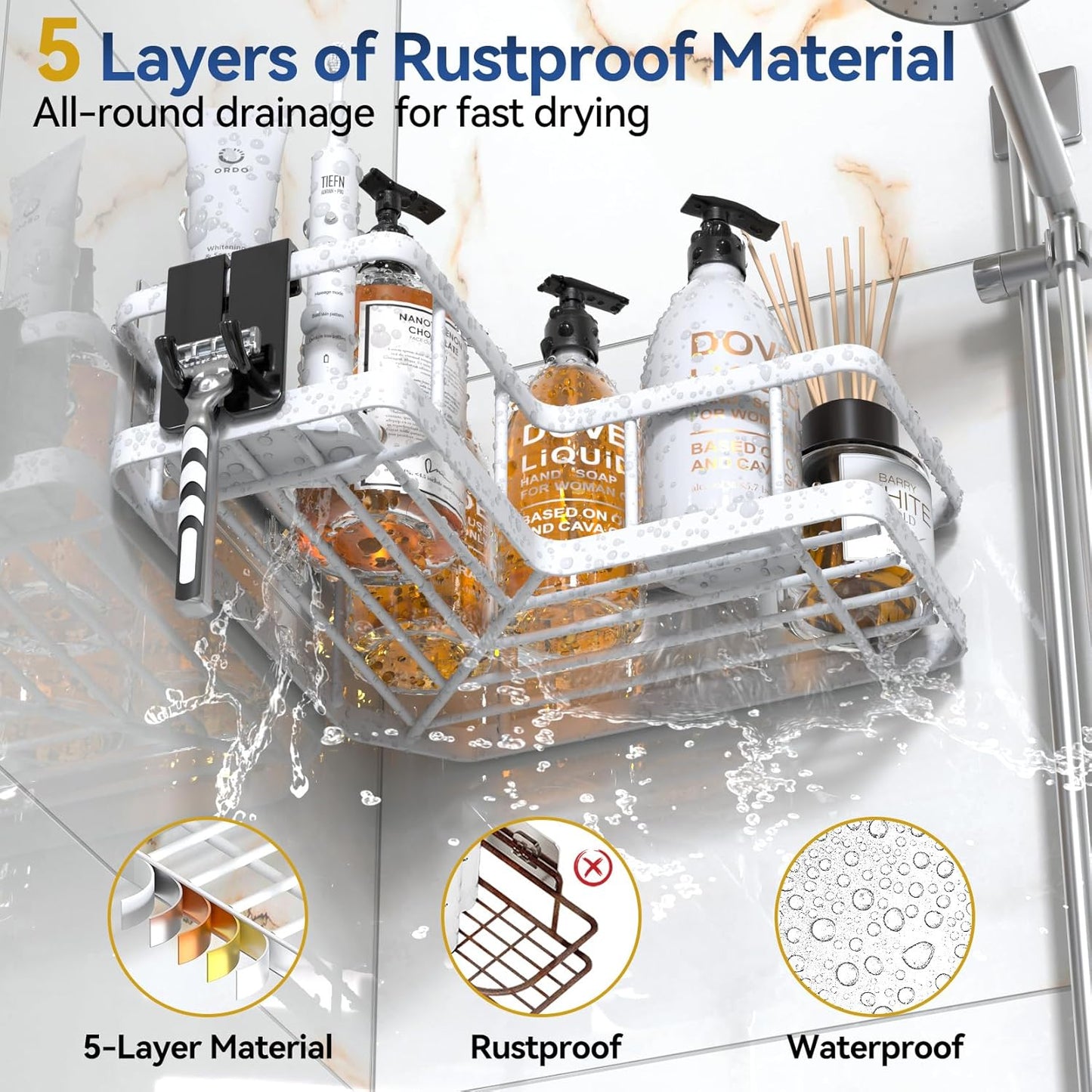YASONIC Corner Shower Caddy, 5-Pack Adhesive Rustproof Stainless Steel Shower Organizer with Soap Holder, No Drilling Shower Shelf for Inside Shower, Dorm, Renters, White