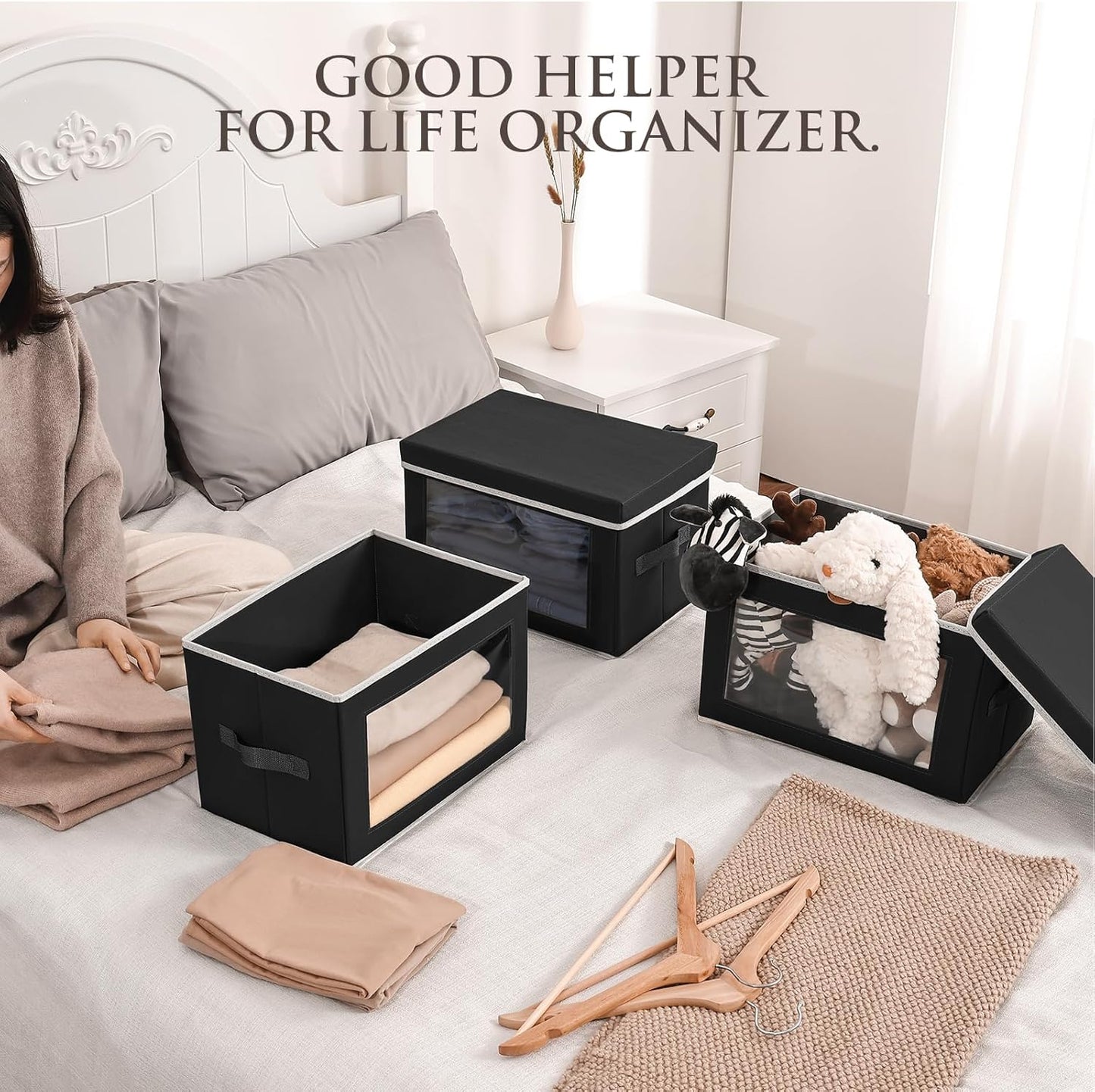 Storage Boxes with Lids, Collapsible Storage Bins with Handles, Closet Storage Baskets with Window, Fabric Storage Containers for Organizing Clothes, Towels, Books, 3 Packs, Black