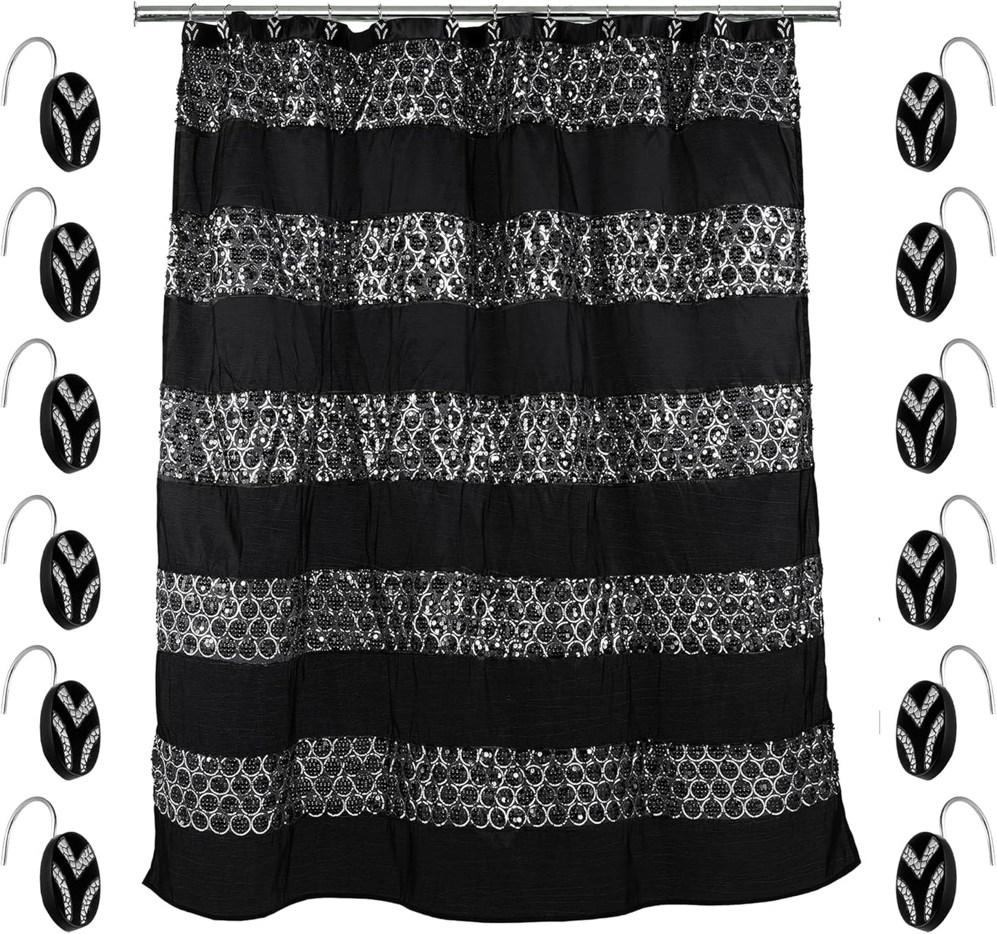 Zahari Home 13pc Sinatra Bathroom Shower Curtain Set Classic Shower Curtain & 12 Shower Curtain Hooks Luxury Fabric Shower Curtain Unique Design Bling Black Shower Curtain Set