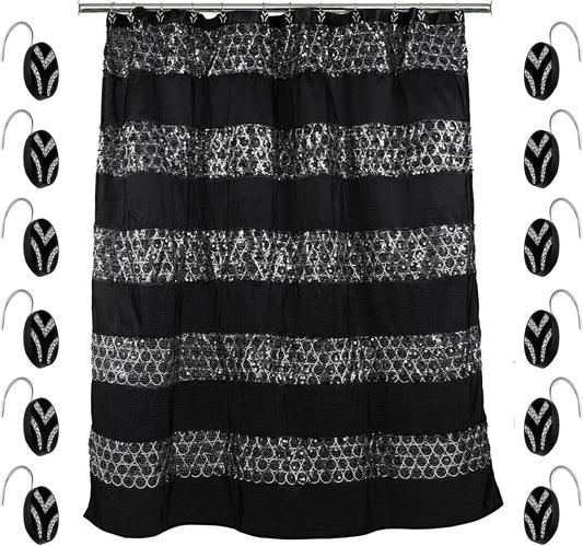 Zahari Home 13pc Sinatra Bathroom Shower Curtain Set Classic Shower Curtain & 12 Shower Curtain Hooks Luxury Fabric Shower Curtain Unique Design Bling Black Shower Curtain Set