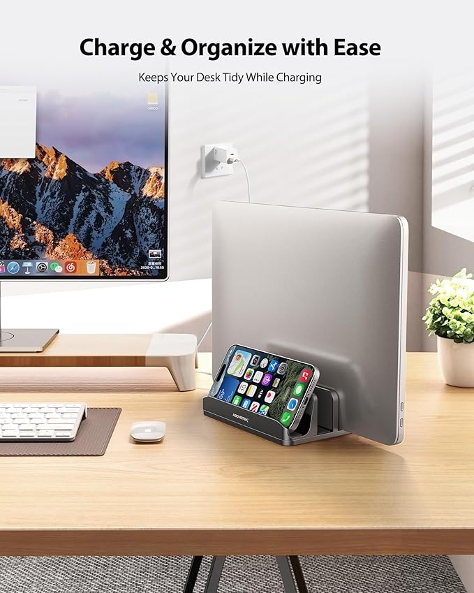 AboveTEK Vertical Laptop Stand, 3 Slots Aluminum Desk Laptop Holder & Laptop Docking Station Stand for MacBook, Tablet, Phone - Universal Fit (Up to 17.3") - Heavy Duty Polished, Anti Slide - Grey